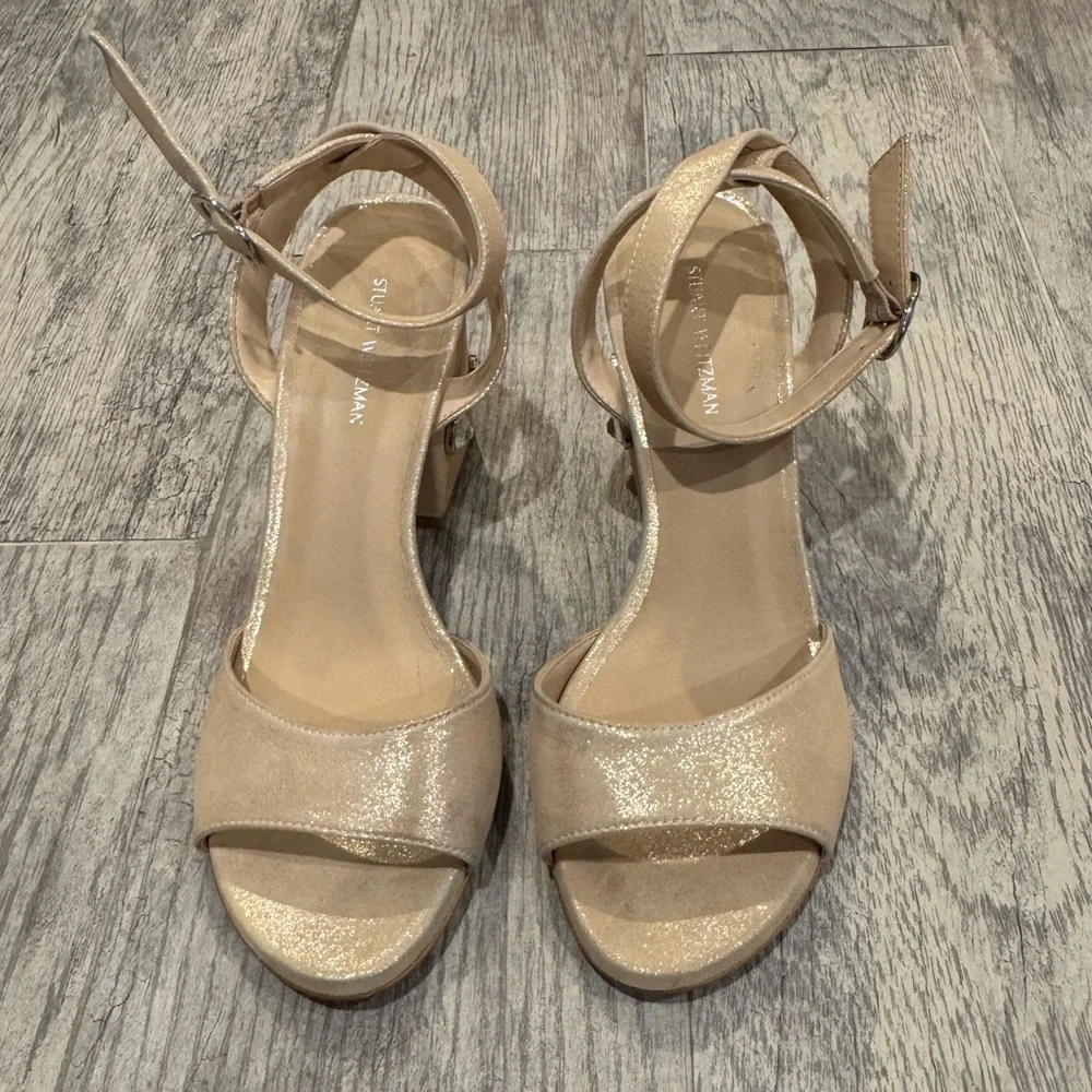 Stuart Weitzman nude shimmer Allshine block heels